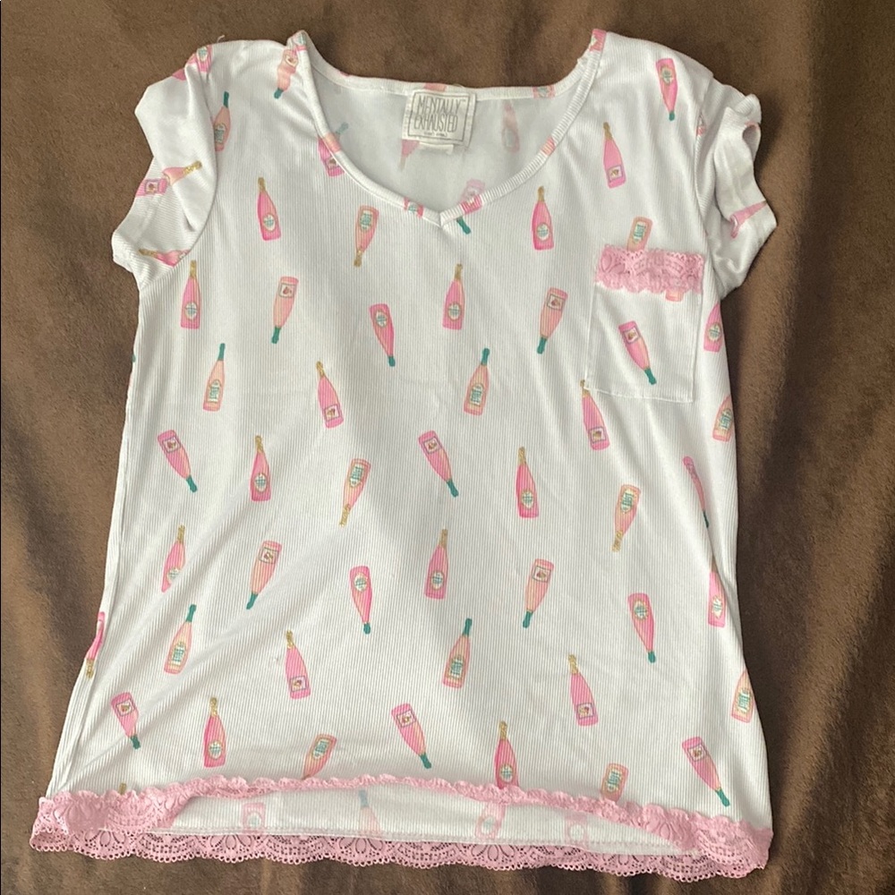 White and Pink Graphic Tee with Lace Trim